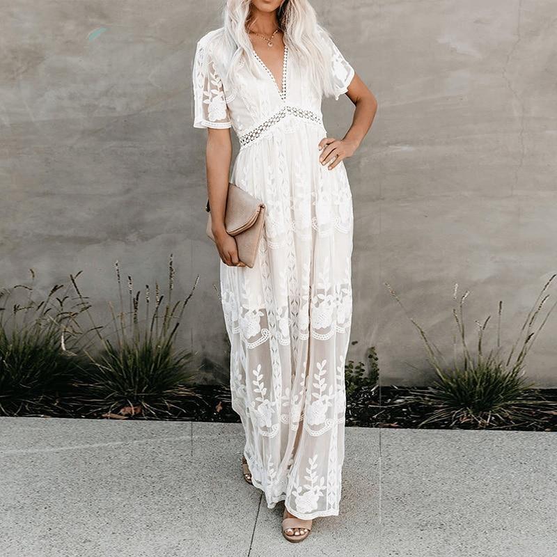 Happie Queens Summer 2021 Women Lace Embroidery Long Sleeve V-neck White Chiffon Beach Dress Lady mesh Patchwork Boho Dresses