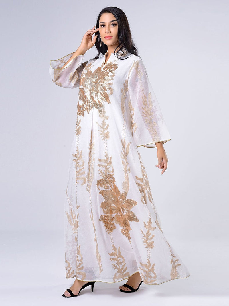 Siskakia Sequins Embroidered Abaya Dress For Women Moroccan Kaftan Turkey Arabic Jalabiya White Islamic Ethnic Robe 2021 Eid New