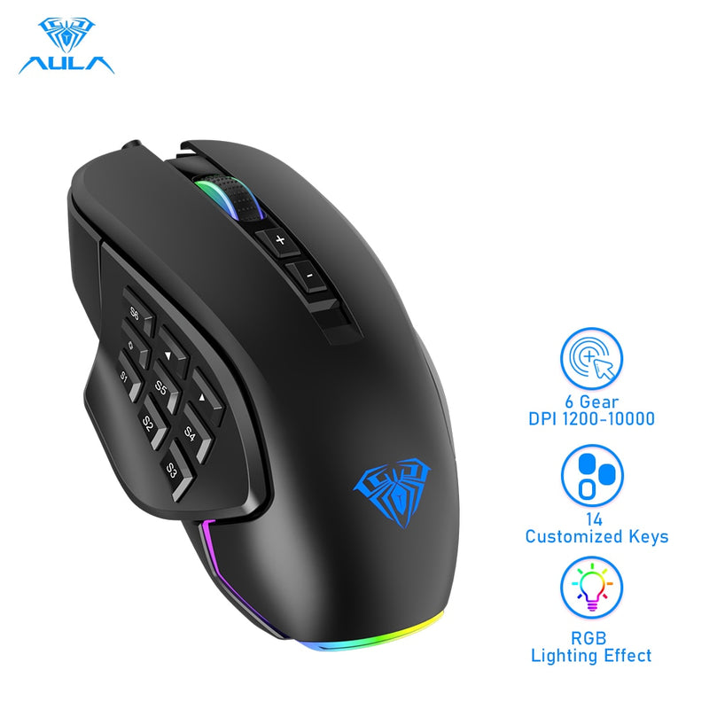 AULA H510 RGB Gaming Mouse 10000 DPI Botones laterales Marco Progrommable Egronomic 14 Wire Retroiluminado Game Mouse para computadora portátil