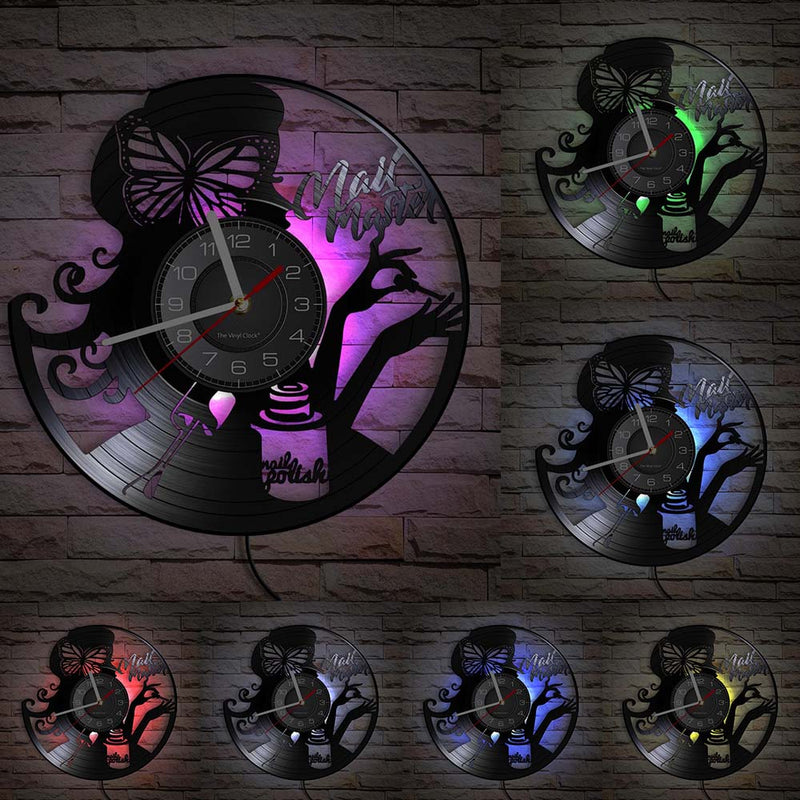 Manicure Design Wall Clock Fashion Beauty Store Wall Art Nail Salon Vinyl Record Wall Clock Nail Beauty Home Decor Gift For Her