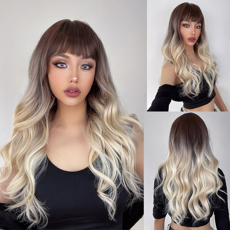 ALAN EATON Long Ombre Black Brown Blonde Wigs with Bangs Heat Resistant Synthetic Wave Wigs for Women African American Cosplay