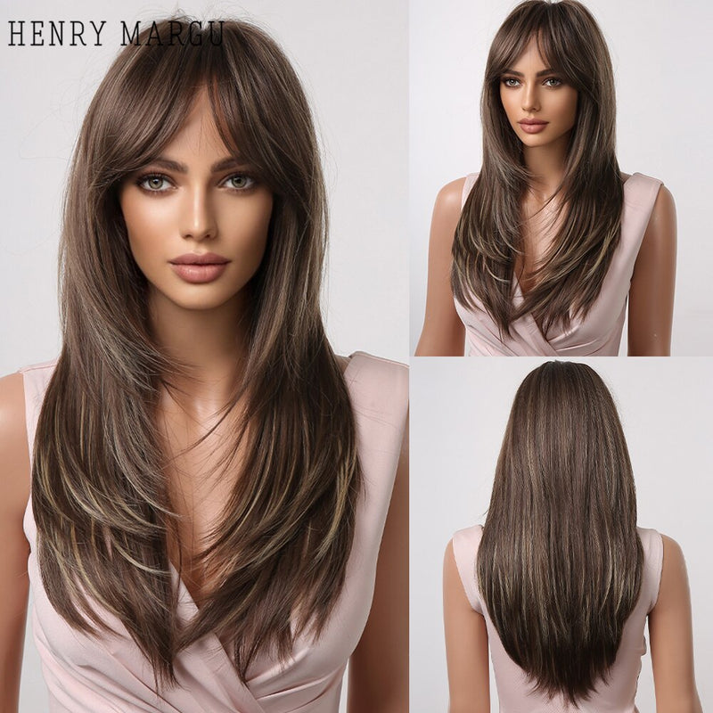 HENRY MARGU Long Straight Black Synthetic Wigs With Bangs Natural Fake Hairs for Women Afro Heat Resistant Cosplay Daily Wigs