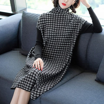 Women Black Houndstooth Knitting Stretch Sweater Dress Winter Female Dresses Vestido Clothing Robes