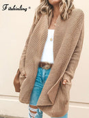 Fitshinling Fashion Winter Cardigan Female Jacket Outerwear Bohemian Pockets Knitted Sweater Long Cardigans Women Clothing Khaki