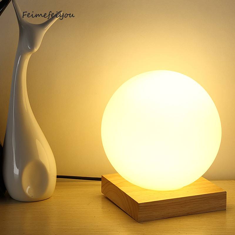 15cm Simple Glass Creative Warm Dimmer Night Lighting Desk Bedroom Bed Decoration Ball Wooden Small Round Desk Lamps  Home Decor