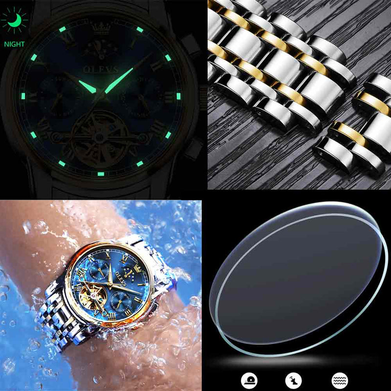 Reloj OLEVS para hombre, reloj mecánico automático, reloj de pulsera Stianless de la mejor marca, reloj de pulsera de lujo moon phaseTourbillon, regalos para hombre