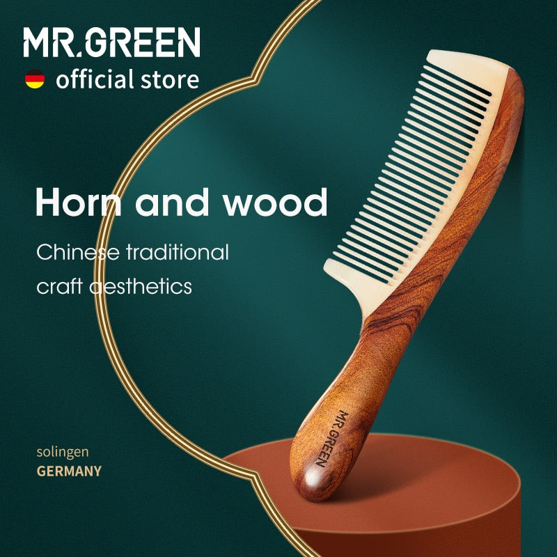 Peine MR.GREEN de madera Natural con estructura de empalme de cuerno, peine de pelo de dientes finos, cabeza antiestática, regalo de masaje de punto de acupuntura