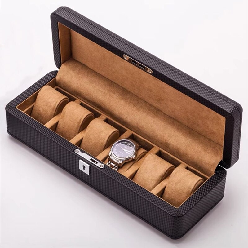 Caja de reloj de cuero con 3/6/12 ranuras, caja de almacenamiento de reloj negra, organizador con cerradura, caja de reloj de carbono de lujo para hombres, cajas de regalo