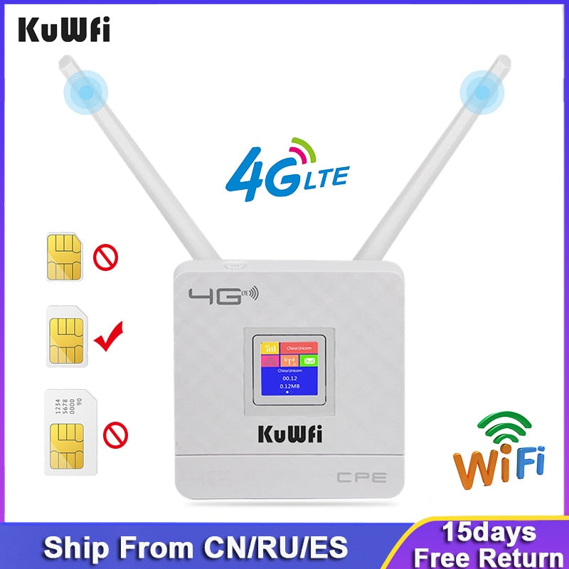 KuWfi 4G LTE CPE Wifi Router CAT4 150 Mbps Router inalámbrico desbloqueado 4G LTE SIM Wifi Router con antena externa WAN/LAN RJ45