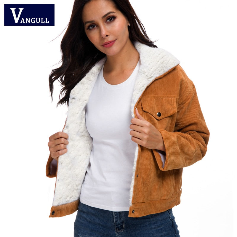 Vangull, abrigo de invierno de pana para mujer, abrigo cálido de terciopelo de algodón grueso para mujer, chaqueta de moda con forro de piel sintética, prendas de vestir de manga larga