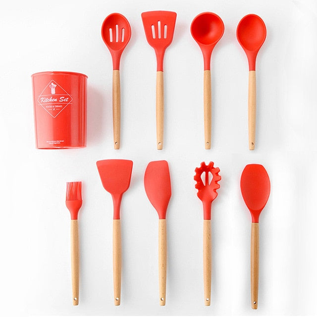 9-13Pcs Cooking Tools Set Premium Silicone Kitchen Cooking Utensils Set with Storage Box Turner Tongs Spatula Soup Spoon