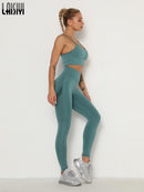 Conjunto de gimnasio sin costuras, sujetador deportivo y mallas, conjunto de ropa para correr para mujer, mallas deportivas de entrenamiento sin costuras, traje deportivo para mujer