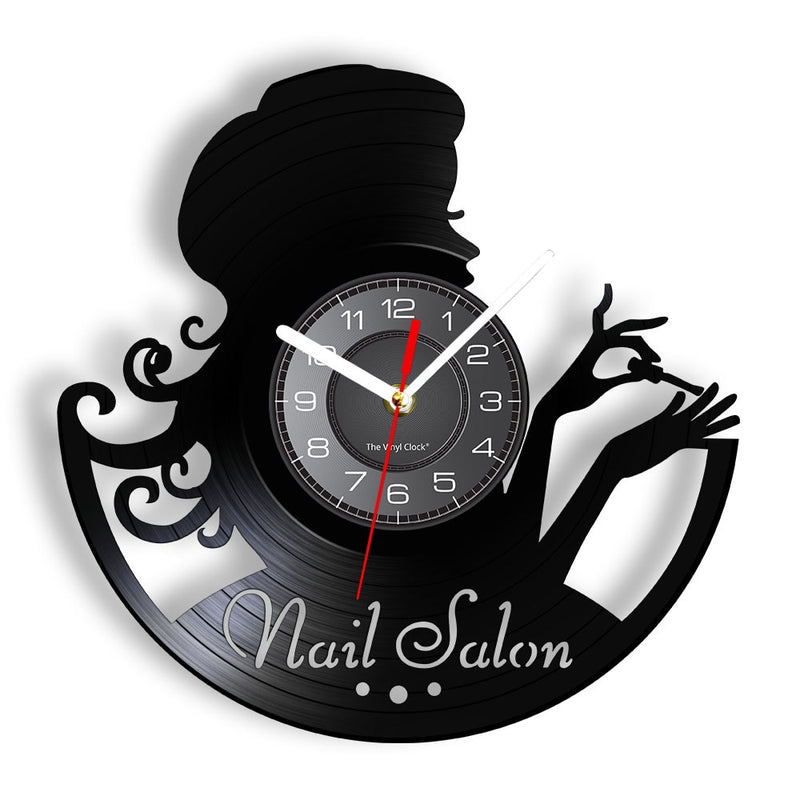 Reloj de pared con diseño de manicura, tienda de belleza a la moda, arte de pared, salón de uñas, disco de vinilo, reloj de pared, belleza de uñas, decoración del hogar, regalo para ella