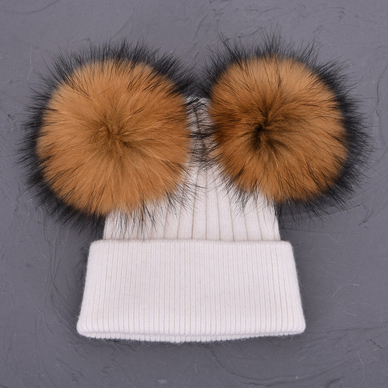 Double Real Raccoon Fur Pompom Hat Women Winter Caps Knitted Wool Hats Skullies Beanies Girls Female Two Fur Pom Pom Beanie Hat