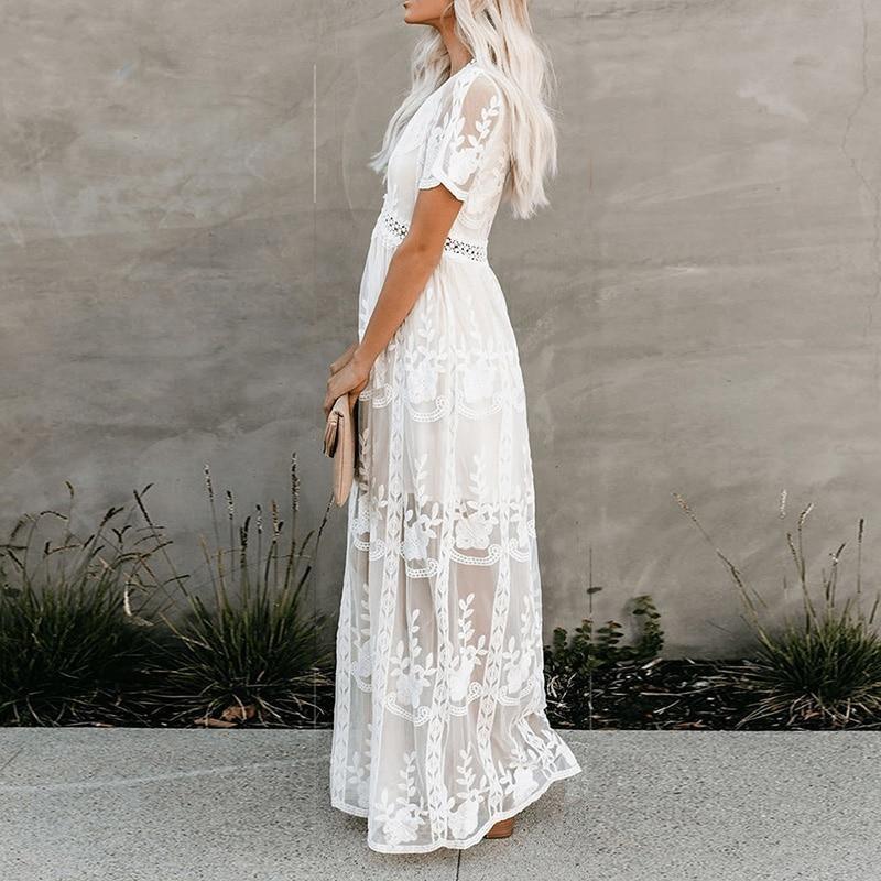 Happie Queens Summer 2021 Women Lace Embroidery Long Sleeve V-neck White Chiffon Beach Dress Lady mesh Patchwork Boho Dresses
