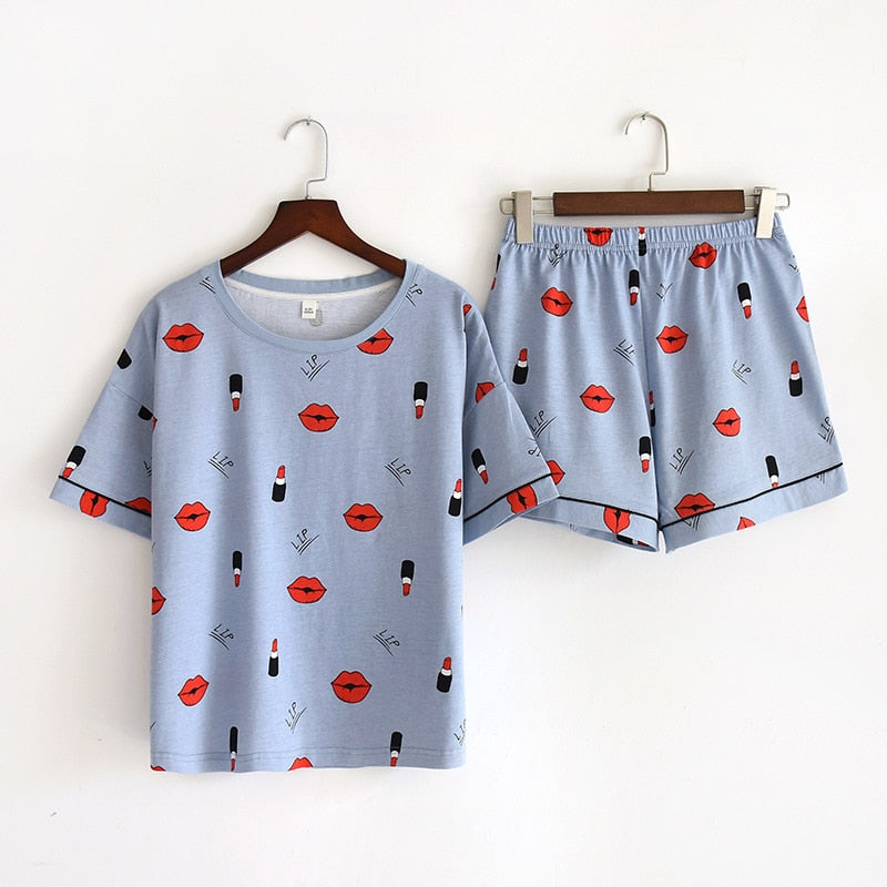 Women's 100% cotton short-sleeved shorts in summer pajamas cartoon summer sports and leisure two-piece suits can be worn out