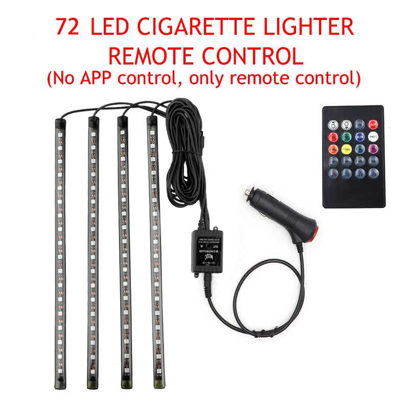 Luz LED para pie de coche, lámpara ambiental, aplicación USB, Control remoto de música, múltiples modos, luces decorativas interiores automotrices