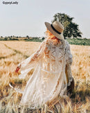 GypsyLady Summer Sunshine Embroidered Mesh Cover-Ups Longline Kimono White Tunic Beach Kaftan Holiday Long Boho Swimwears Tops