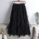 Qooth Women Beaded Petal Mid-length Ruffles Mesh Pleated Skirts Elegant High-waisted Fairy A-line Long Tulle Skirts QT1682