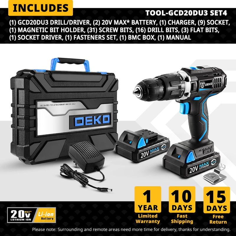 DEKO GCD20DU3 20V Max Household DIY Woodworking Lithium-Ion Battery Cordless Drill Driver Power Tools Electric Drill Power Drill