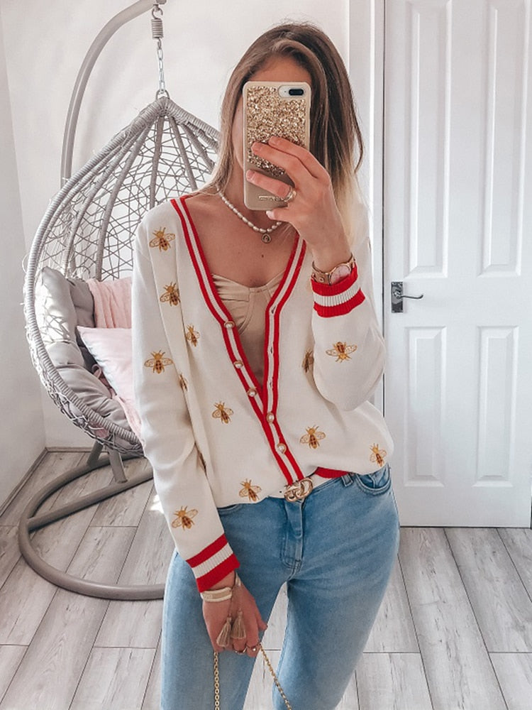 High Quality Fashion Designer Bee Embroidery Cardigan Long Sleeve Single Breasted Contrast Color Button Knitted Sweaters C-068