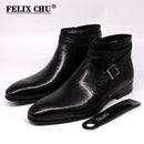 Handmade Men Ankle Boots Felix Chu Genuine Leather Mens Motorcycle Boots Black Red Buckle Strap High Top Dress Shoes for Men
