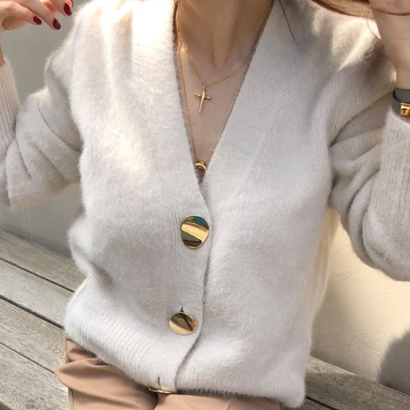 FMFSSOM Golden Shiny Button Einreiher Woolen Damen Cardigans Pullover Casual Female Warm Elegant Herbst Winter