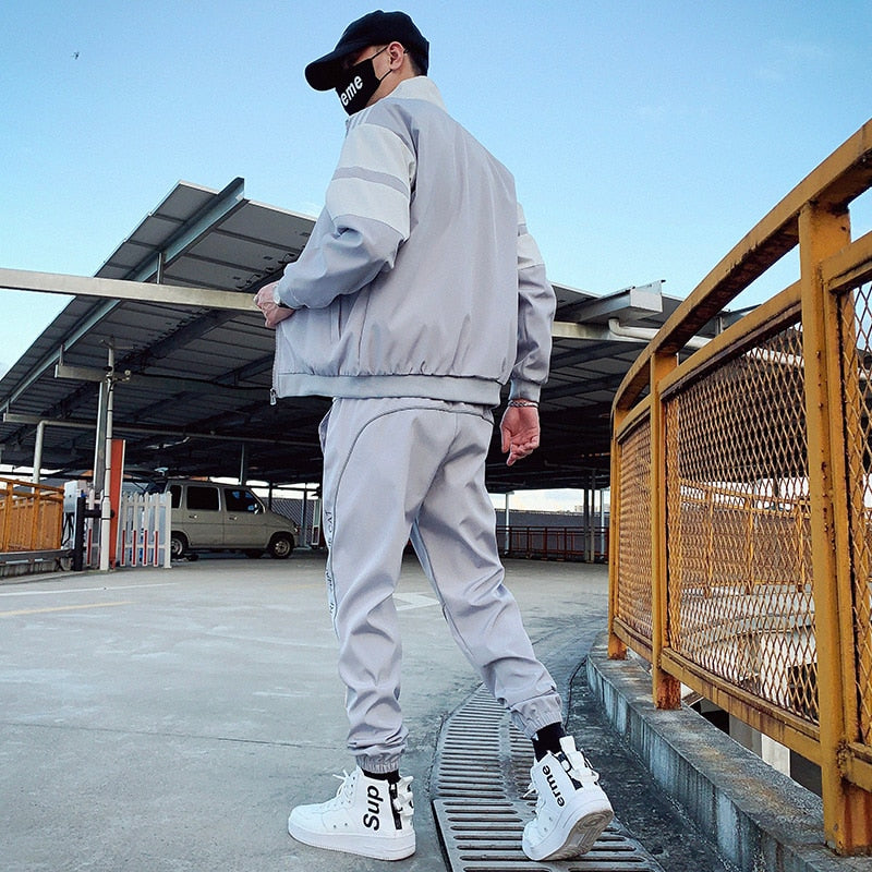 2023 Hip Hop Workwear jacket Mens Tracksuit Jacket+Pants 2PC Sets baseball loose Zipper Ribbons Coat &amp; Long Pants Mens Clothes