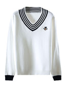 Estilo europeo primavera otoño mujeres abeja bordado suéter elegante cuello pico tejido suelto rayas manga larga suéter C-019