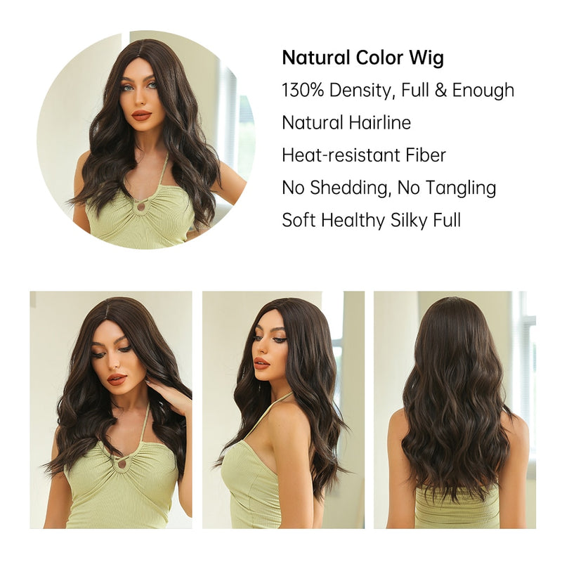 EASIHAIR Long Wavy Dark Brown Black Synthetic Wigs Natural Middle Part Hair Wigs for Women Daily Cosplay Party Heat Resistant