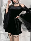 InsGoth Goth Sexy Flare Sleeve Black Dress Y2K Harajuku High Waist A Line Mini Dresses Off Shoulder Punk Halloween Autumn Dress