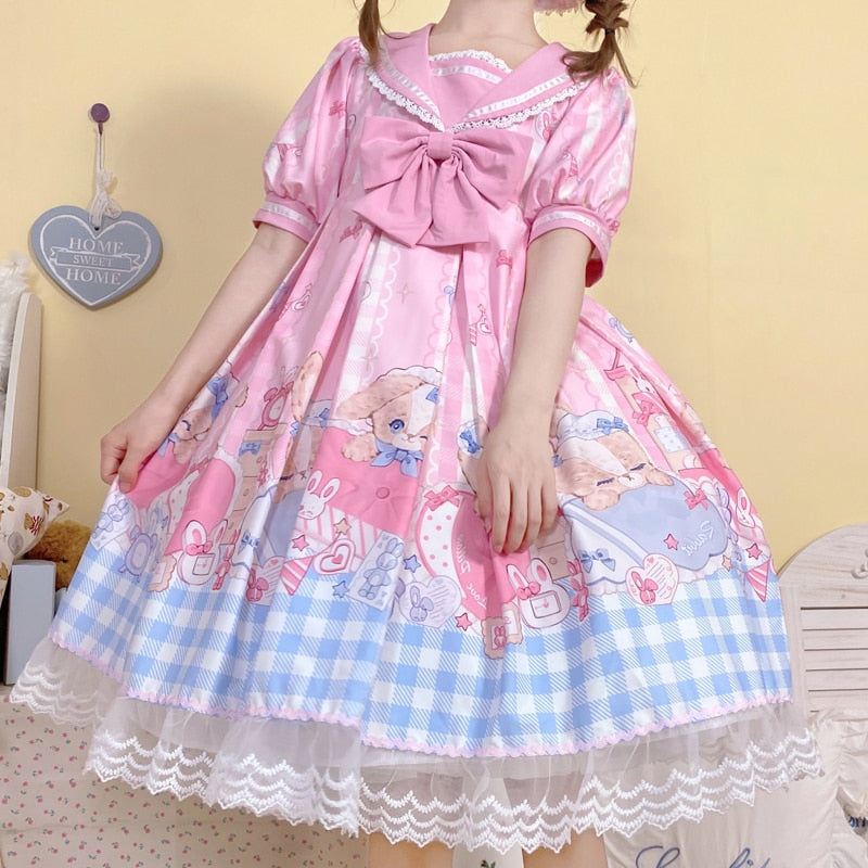 Süßes süßes Kawaii Mädchen Lolita Kleid Prinzessin Maid Vintage Rüschen Kleider Puffärmel Rot Schwarz Rosa Damen Kleid Runder Kragen