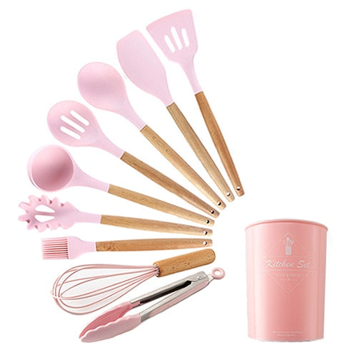 9-13Pcs Cooking Tools Set Premium Silicone Kitchen Cooking Utensils Set with Storage Box Turner Tongs Spatula Soup Spoon