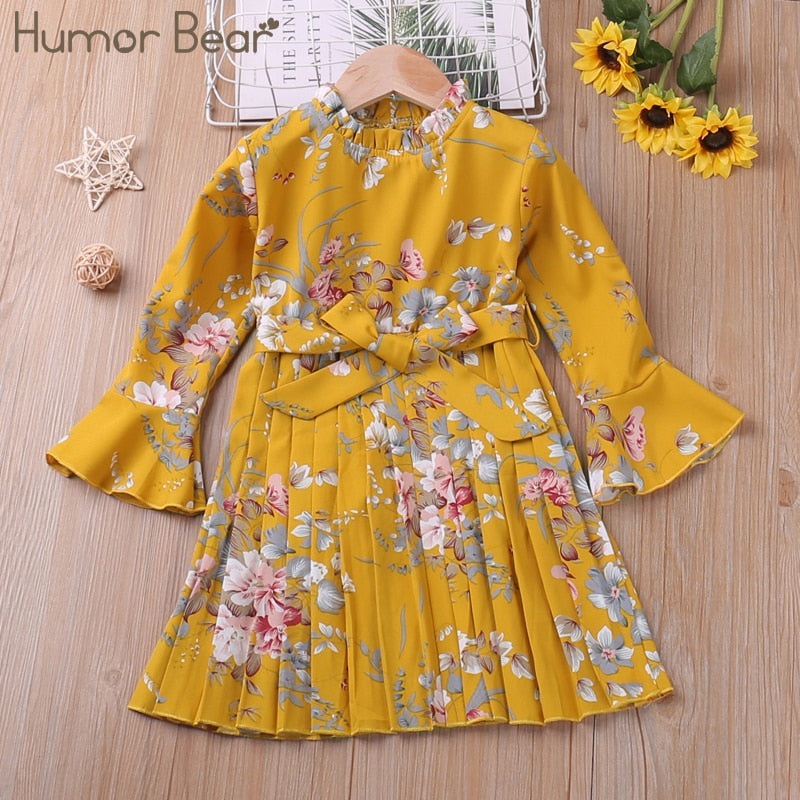 Humor Bear Autumn Winter Toddler Girl Dress Long Sleeve Cotton Ruffles Princess Dress Kids Corduroy Pleated Fashion Baby Dress