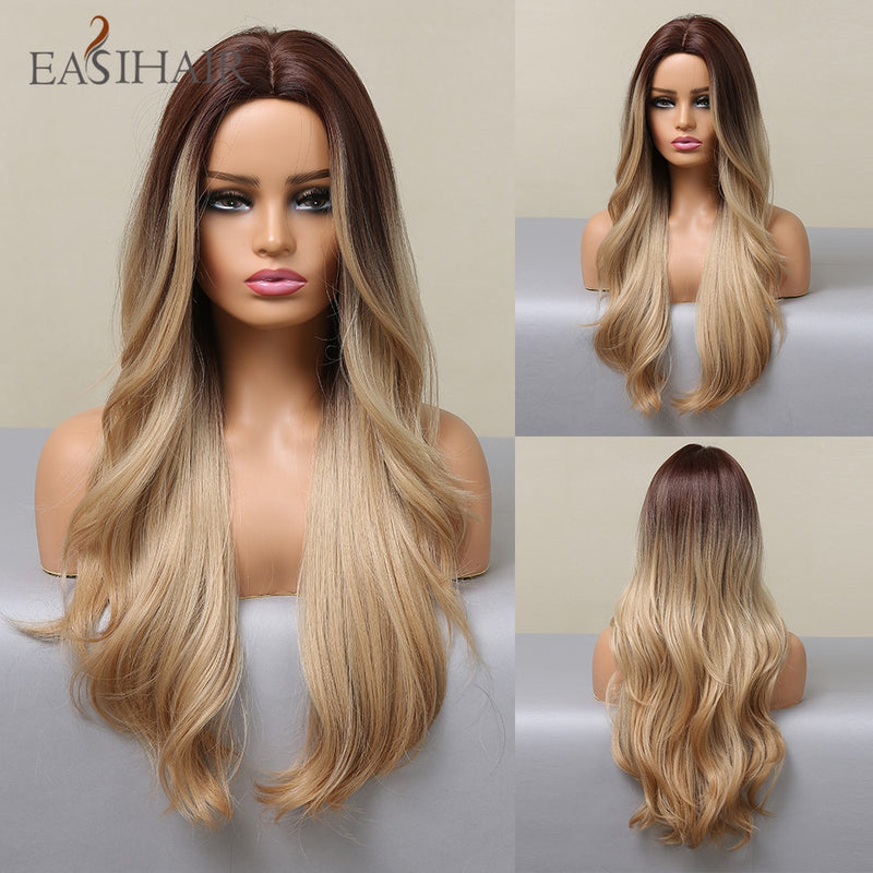 EASIHAIR Lange hellblonde Perücken im Ombré-Stil mit natürlichen Wellen, hitzebeständig, synthetische Perücken, Mittelteil, Cosplay-Perücken für Frauen