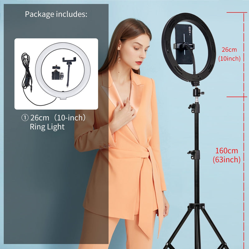 10&quot; Selfie Ring Light With Tripod Professional Photography Circle Ring Lamp Phone Holder Dimmable Ringlight For Youtube Makeup