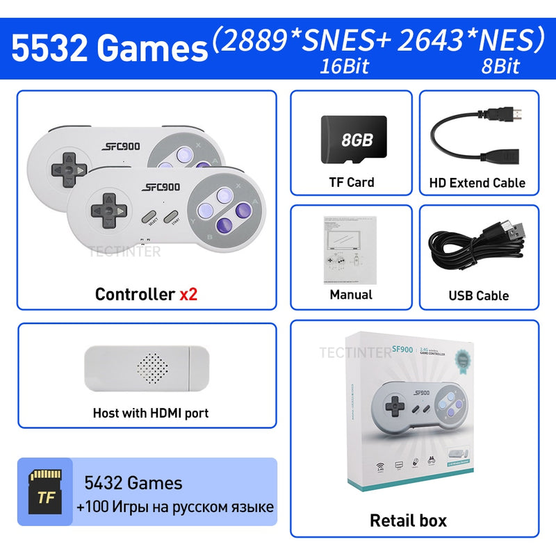 SF900 Video Game Console Hd TV Game Stick Wireless Controller Built in 5532 Games Handheld Game Player Gamepad For SNES For NES