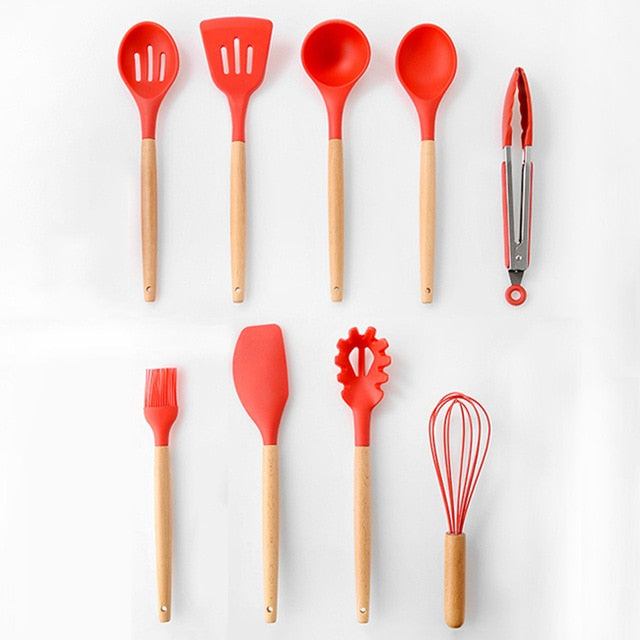 9-13Pcs Cooking Tools Set Premium Silicone Kitchen Cooking Utensils Set with Storage Box Turner Tongs Spatula Soup Spoon