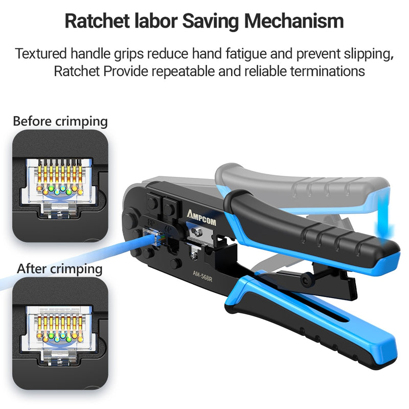 AMPCOM RJ45 Crimper RJ11 RJ45 Crimpzange Ethernet Netzwerk LAN Kabel Crimper Cutter Stripper Zange für 6P 8P RJ-11/RJ-12 RJ-45