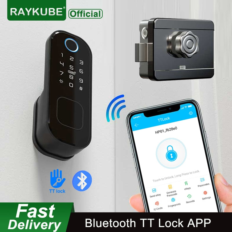 Cerradura de puerta RAYKUBE Fingeprint con Bluetooth TT Lock APP contraseña tarjeta inteligente 13,56 mhz IC funciona con puerta de enlace Wifi Alexa T03
