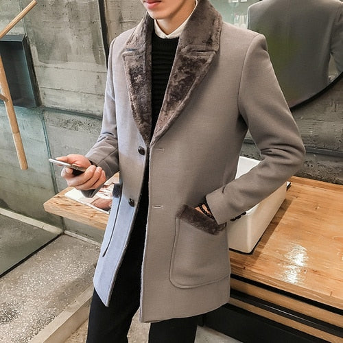 ¡Novedad de invierno 2022! Chaqueta cortavientos informal para hombre, chaqueta coreana con cuello de piel grande de sección larga, abrigo de lana cálido informal de negocios para hombre
