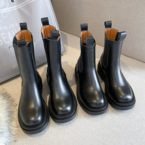 TUINANLE Chelsea Boots Chunky Boots Damen Winterschuhe PU Leder Plüsch Stiefeletten Schwarz Damen Herbst Mode Plattform Booties