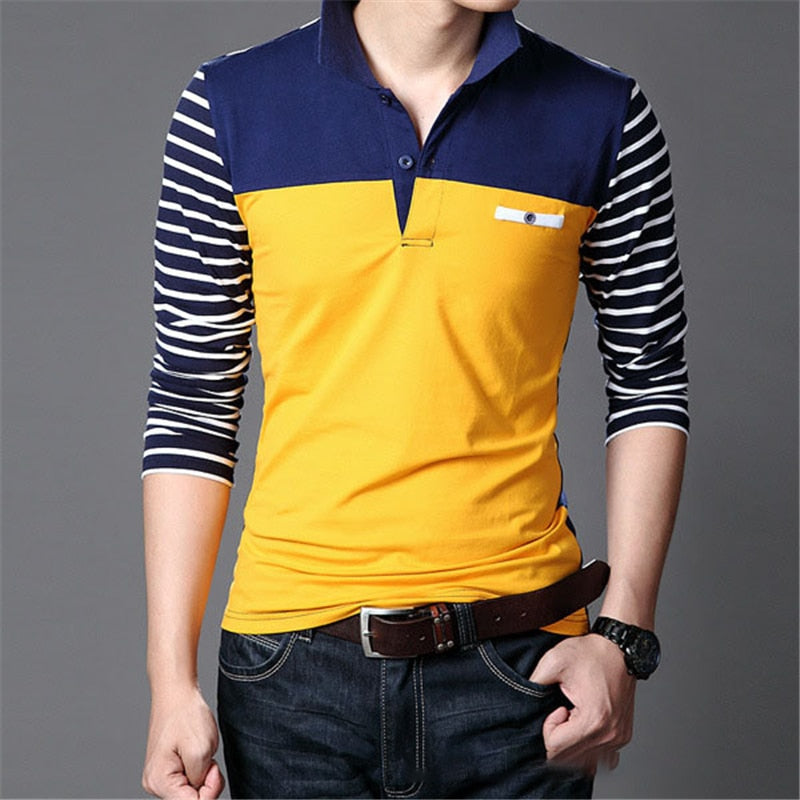 TFETTERS Spring Autumn Casual Men Long Sleeve T-shirt Cotton Elastic Slim Fit Dress T Shirt Men V-Neck Stripe Men Tops & Tees