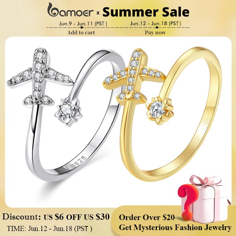 bamoer Genuine 925 Sterling Silver Flying Plane Open Finger Rings for Women Clear CZ Adjustable Rings Fine Jewelry Bijoux SCR623