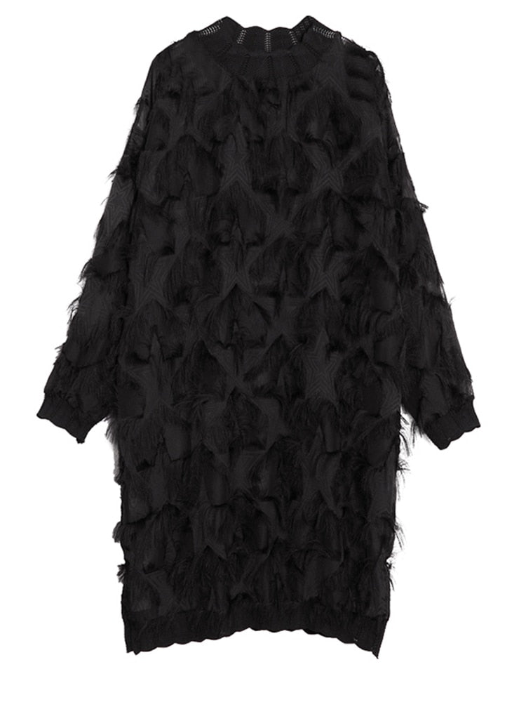 [EAM] 2022 nueva primavera otoño Stand Collar manga larga perspectiva negro suelto borlas vestido de talla grande mujer moda marea JI780