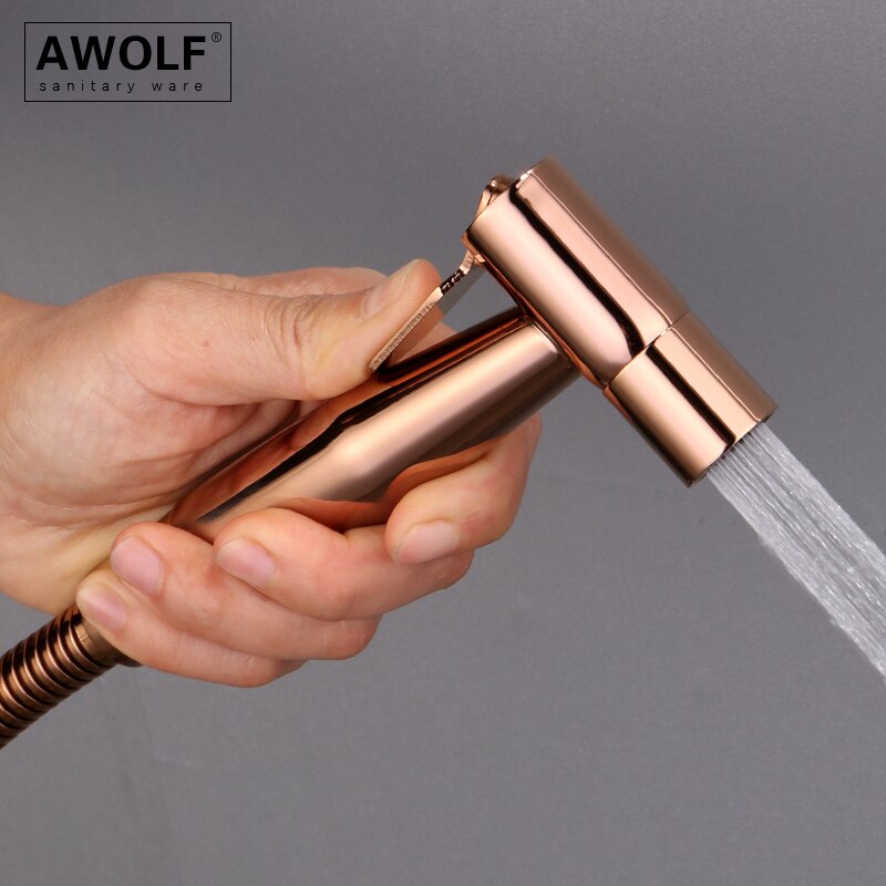 Awolf, cabezal de ducha higiénico de oro rosa, juego de rociador de bidé de mano para inodoro, válvula de latón Shattaf de acero inoxidable, ducha Anal AP2102