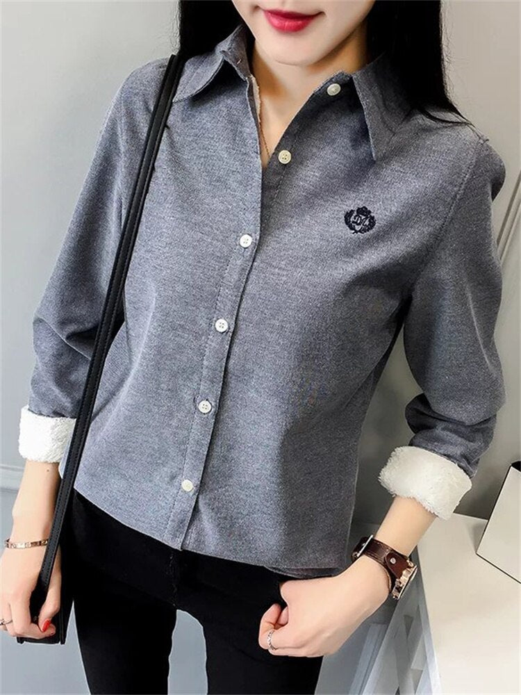 Very Thick Women Winter Style Blouses Shirts Lady Casual Long Sleeve Turn-down Collar Velvet Blusas Tops DF3161