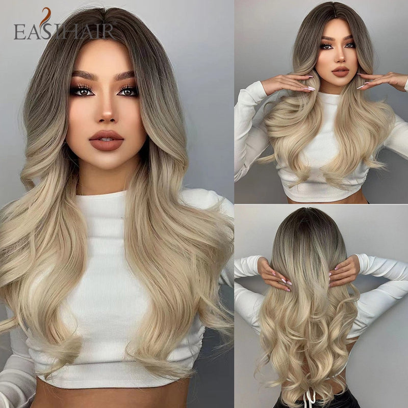 EASIHAIR Long Light Blonde Ombre Natural Wave Style Wigs Heat Resistant Synthetic Wigs Middle Part Hair Cosplay Wigs for Women