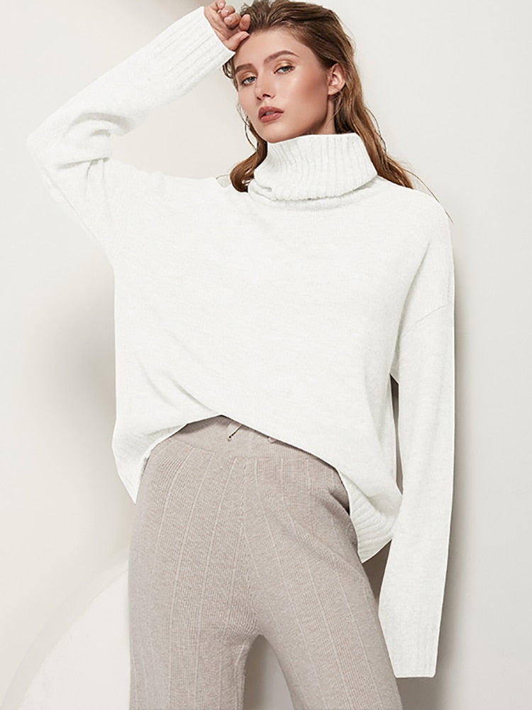 Aachoae Elegant Solid Knitted Two Piece Set Women Turtleneck Batwing Long Sleeve Loose Sweater Full Length Casual Wide Leg Pants