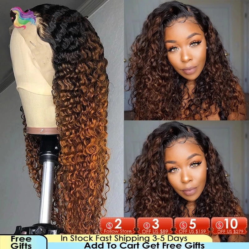 Ombre Curly Lace Front Human Hair Wigs For Women Bleached Knots Density180 Preplucked 13x4 Brazilian Hair Curly Lace Frontal Wig